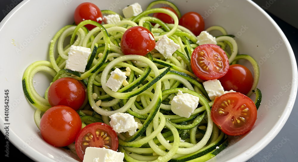 Fresh Zucchini Noodle Salad with Cherry Tomatoes and Feta Cheese Cubes Fresh Zucchini Noodle Salad with Cherry Tomatoes and Feta Cheese Cubes