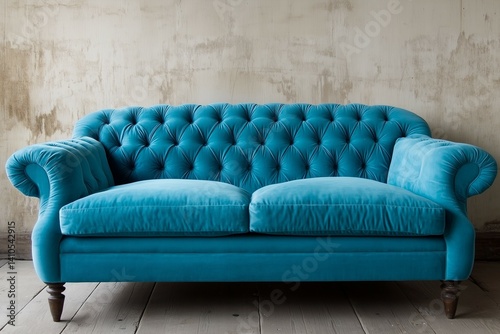 Aqua blue sofa against a stained dark beige wall, wooden flooring in a hall