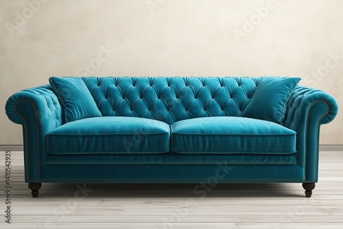 Aqua blue sofa with cushions and silver linings against a dark beige wall, wooden flooring in a hall