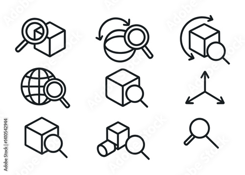outline vector icons of zoom on 3D models: 3D object magnify, zoom camera orbit, zoom mesh, model inspector, object focus, zoom part, rotate and zoom, zoom XYZ. ine style icons in a modern,