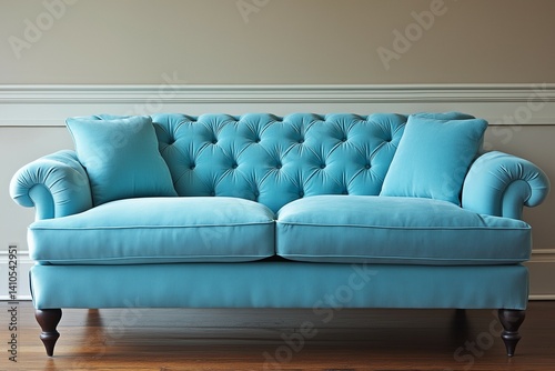 Aqua blue sofa against a dark beige wall, wooden flooring in a hall