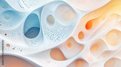 This abstract image features modern art background with blend of blue, orange, and white hues, creating fluid, organic pattern with perforated textures. design evokes sense of calm and creativity