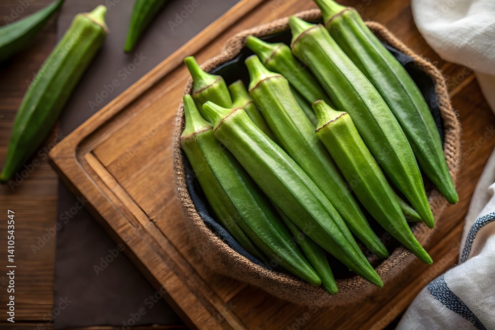 Neatly arranged fresh green okra (ladyfinger) on a wooden cutting board with a striped cloth underneath. The vibrant, organic vegetables are showcased in natural lighting, emphasizing their freshness Neatly arranged fresh green okra (ladyfinger) on a wooden cutting board with a striped cloth underneath. The vibrant, organic vegetables are showcased in natural lighting, emphasizing their freshness