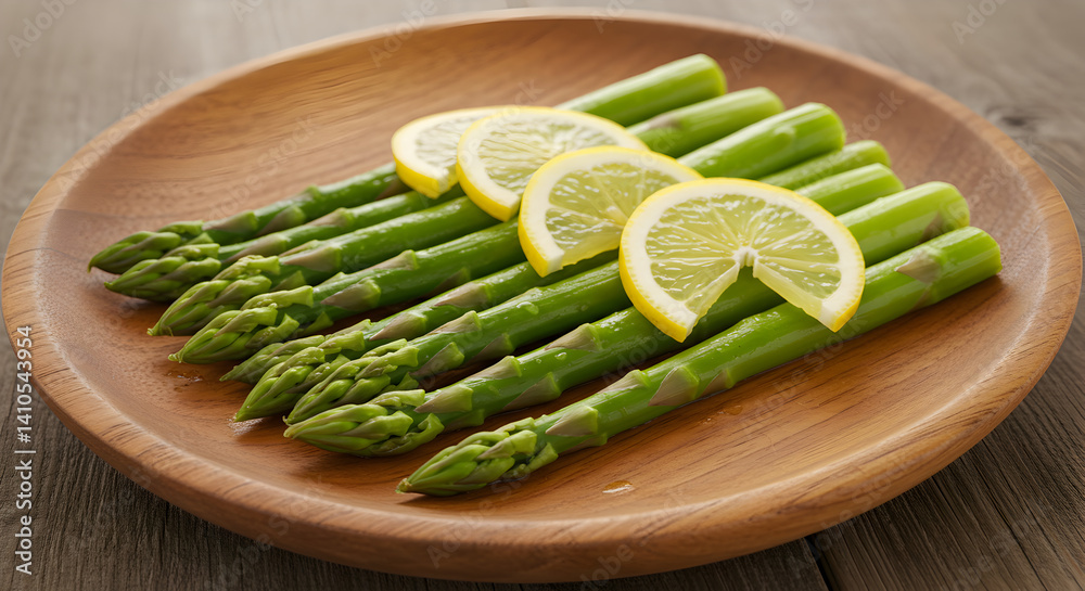 Bright Asparagus Spears Served With Lemon Slices on Wooden Platter Bright Asparagus Spears Served With Lemon Slices on Wooden Platter