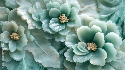 Elegant jade flower sculpture with shimmering sky blue accents for wall art