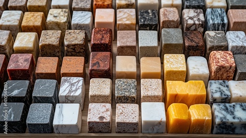 Diverse array of stone samples in cube form, showcasing various colors and textures
