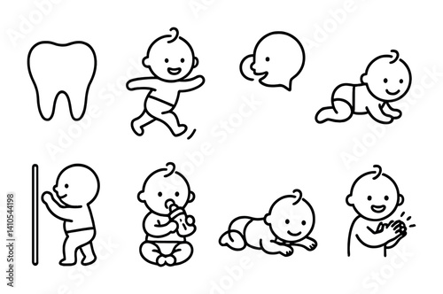 outline vector icons of baby milestones: first tooth, first step, first word, crawling, standing up, holding bottle, tummy time, clapping. set of line style icons in a modern, minimalist design.