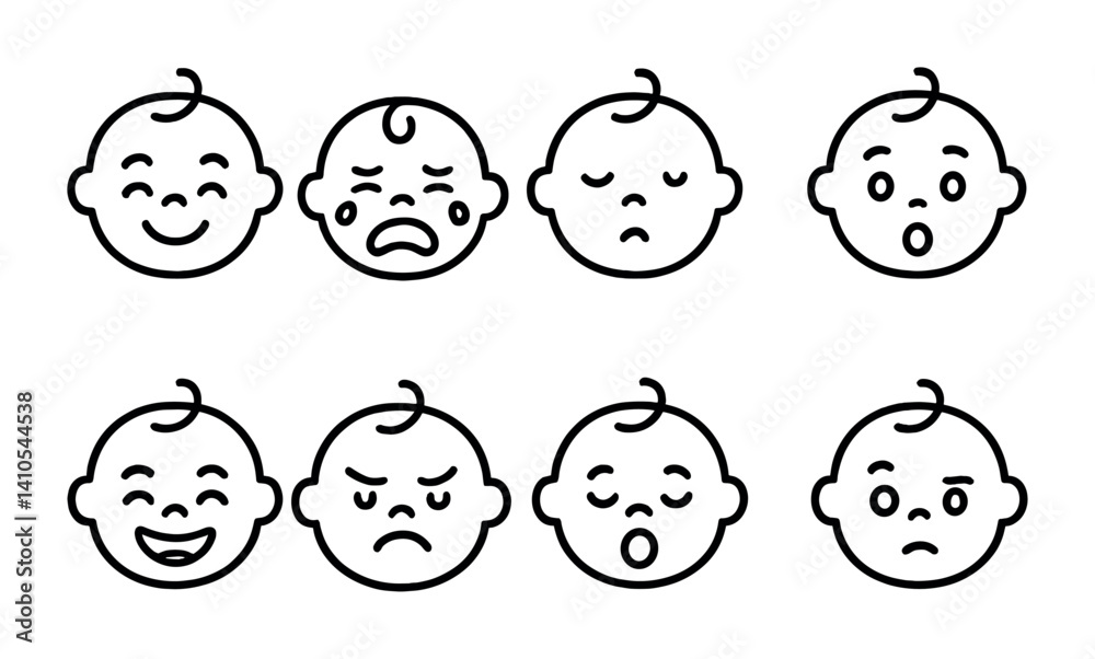 outline vector icons of baby emotions: happy baby, crying face, sleepy baby, surprised baby, laughing face, angry baby, yawning baby, curious look. set of line style icons in a modern, minimalist