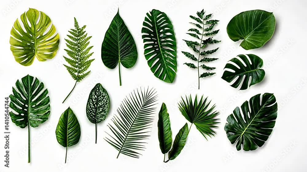 Botanical Harmony: A Diverse Collection of Tropical Leaves Arranged on White Background Botanical Harmony: A Diverse Collection of Tropical Leaves Arranged on White Background
