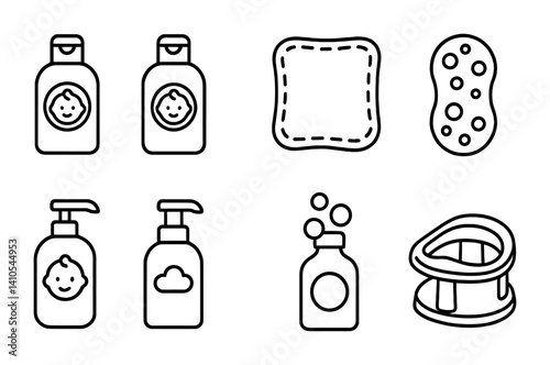 outline vector icons of baby care: baby bath, baby towel, comb, nail clipper, thermometer, nasal aspirator, lotion bottle, shampoo. set of line style icons in a modern, minimalist design.