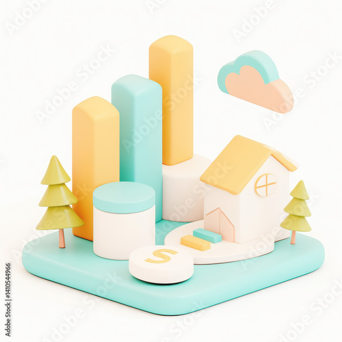 3D illustration of growth concept with house and bar graphs, white isolated background.