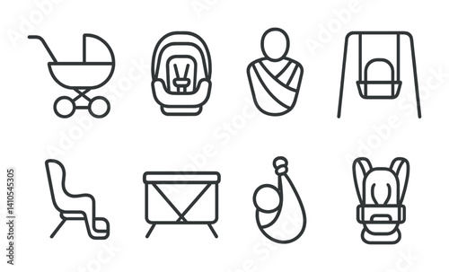 outline vector icons of baby transportation: stroller, baby car seat, carrier wrap, baby swing, bike seat, travel crib, sling, baby backpack. set of line style icons in a modern, minimalist design.