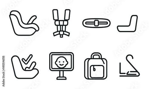 outline vector icons of baby safety: outlet cover, cabinet lock, baby monitor, corner guard, safety gate, soft helmet, car seat belt, window guard. ine style icons in a modern, minimalist design.