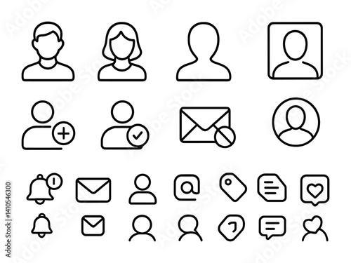 outline vector icons of user profile settings: avatar, username, bio, email, password, privacy, sign out, account sync., set of line style icons in a modern, minimalist design.