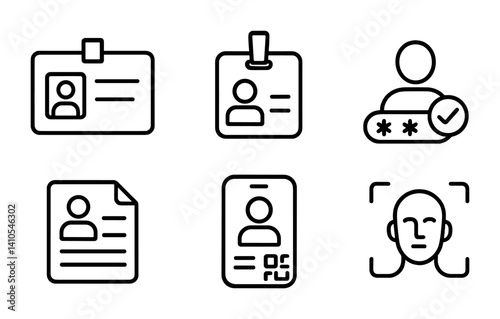 outline vector icons of verification and identity: verified badge, request verification, ID check, user authenticity, profile badge, trust score, profile scan, blue check., set of line style icons in