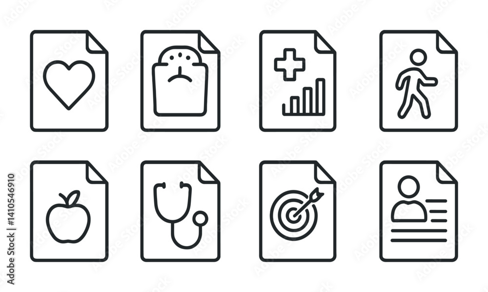 outline vector icons of health profiles: heart icon, weight tracker, health data, exercise log, food diary, doctor notes, fitness goal, profile report. set of line style icons in a modern, minimalist outline vector icons of health profiles: heart icon, weight tracker, health data, exercise log, food diary, doctor notes, fitness goal, profile report. set of line style icons in a modern, minimalist