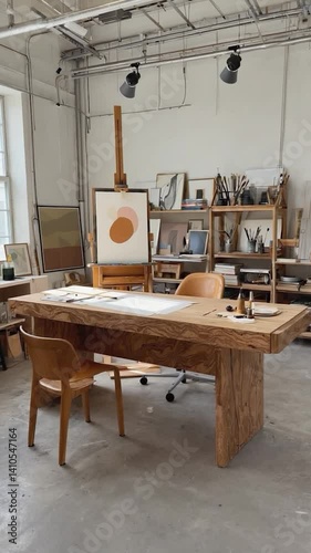 Modern art studio workspace with wooden desk and easel