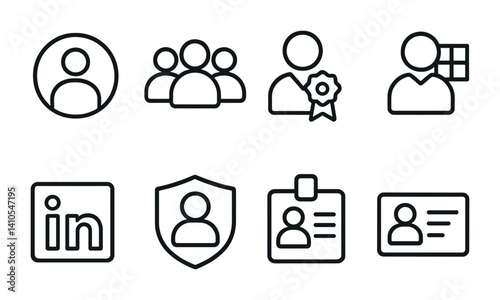 outline vector icons of account types: personal account, business account, creator account, admin profile, moderator, brand account, anonymous, verified., set of line style icons in a modern,