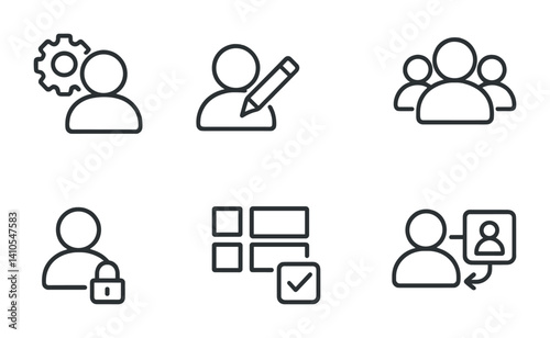 outline vector icons of user roles and permissions: admin, moderator, guest, member, blocked, verified, premium, anonymous.No labels, set of line style icons in a modern, minimalist design.