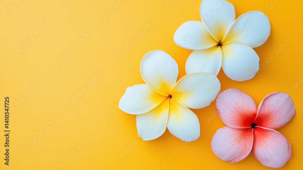 Naklejka premium Three beautiful plumeria flowers arranged on a vibrant yellow background create a serene and tropical atmosphere perfect for spa or summer themed designs.