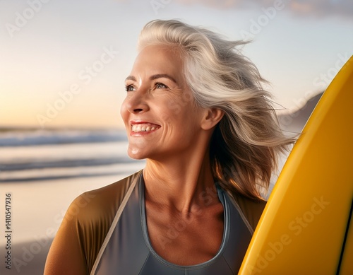 mature woman holding a surfboard with a joyful expression outdoors