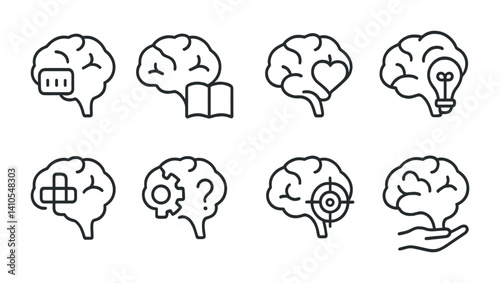 outline vector icons of brain functions: memory, learning, emotions, creativity, logic, problem-solving, concentration, motor control., set of line style icons in a modern, minimalist design.