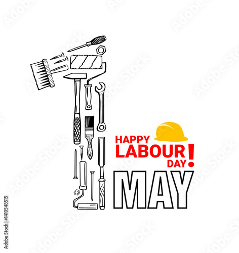 Creative Labour Day greeting card design using hand tools shaped as the number 1 with bold “Happy Labour Day” text. Perfect for posters, social media, and greeting cards.