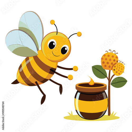 Illustration of flying bee and honey pot ideal for bakery or sweet shop