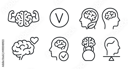 outline vector icons of mental health and love: heart brain, balanced heart, love therapy, mindful heart, calm heart, talk with heart, emotional support heart, empathy icon. set of line style icons