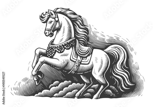 Black and white woodcut illustration of a majestic rearing horse with flowing mane, ornate harness, and detailed engraving in vintage style


