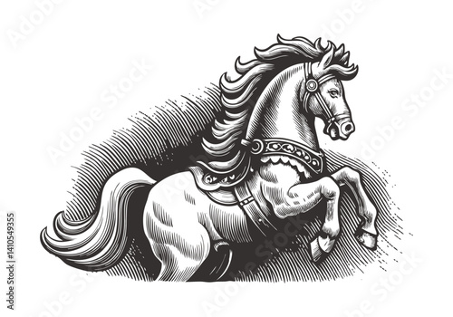 Black and white woodcut illustration of a majestic rearing horse with flowing mane, ornate harness, and detailed engraving in vintage style

