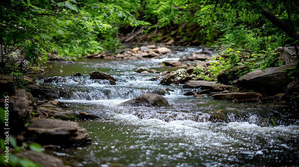 Flowing Stream Through Rocks in Lush Forest Flowing Stream Through Rocks in Lush Forest