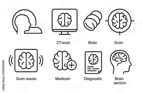 outline vector icons of brain imaging: MRI brain, CT scan, brain layers, scan circle, scan waves, medical brain icon, diagnostic image, brain section. ine style icons in a modern, minimalist design.