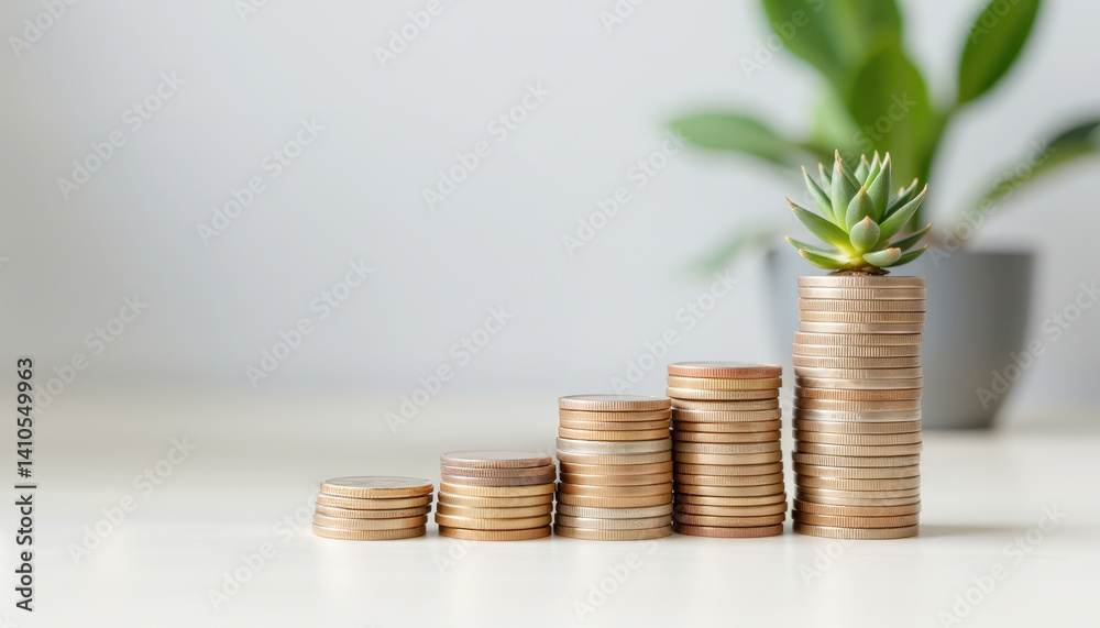 Stacks of coins with a succulent plant on top, symbolizing growth, savings, and financial success in a modern setting. Stacks of coins with a succulent plant on top, symbolizing growth, savings, and financial success in a modern setting.