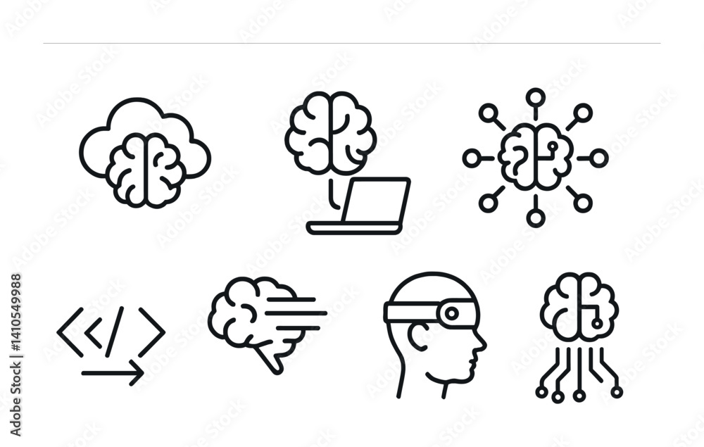outline vector icons of digital mind: cloud brain, online memory, connected brain, digital interface, code flow, AI sync, data stream, wearable brain tech. ine style icons in a modern, minimalist outline vector icons of digital mind: cloud brain, online memory, connected brain, digital interface, code flow, AI sync, data stream, wearable brain tech. ine style icons in a modern, minimalist