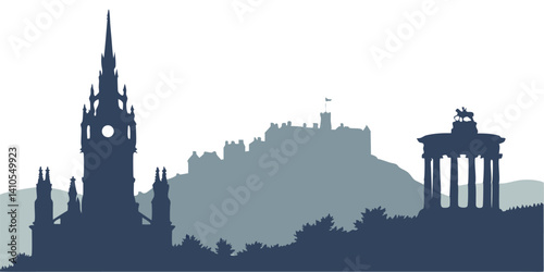 A historical Edinburgh skyline silhouette vector featuring Edinburgh Castle, Scott Monument, Arthur’s Seat, and Old Town spires.