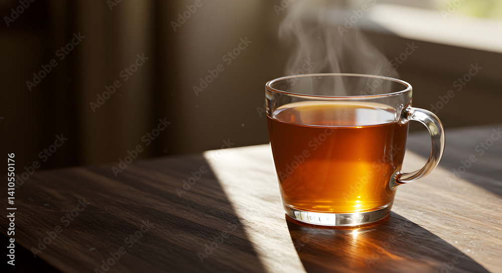 Steaming Cup Of Tea With Sunlight Casting Shadows On A Wooden Table Steaming Cup Of Tea With Sunlight Casting Shadows On A Wooden Table