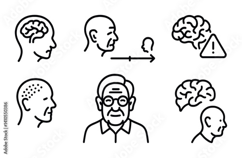 outline vector icons of brain imaging: MRI brain, CT scan, brain layers, scan circle, scan waves, medical brain icon, diagnostic image, brain section. ine style icons in a modern, minimalist design.