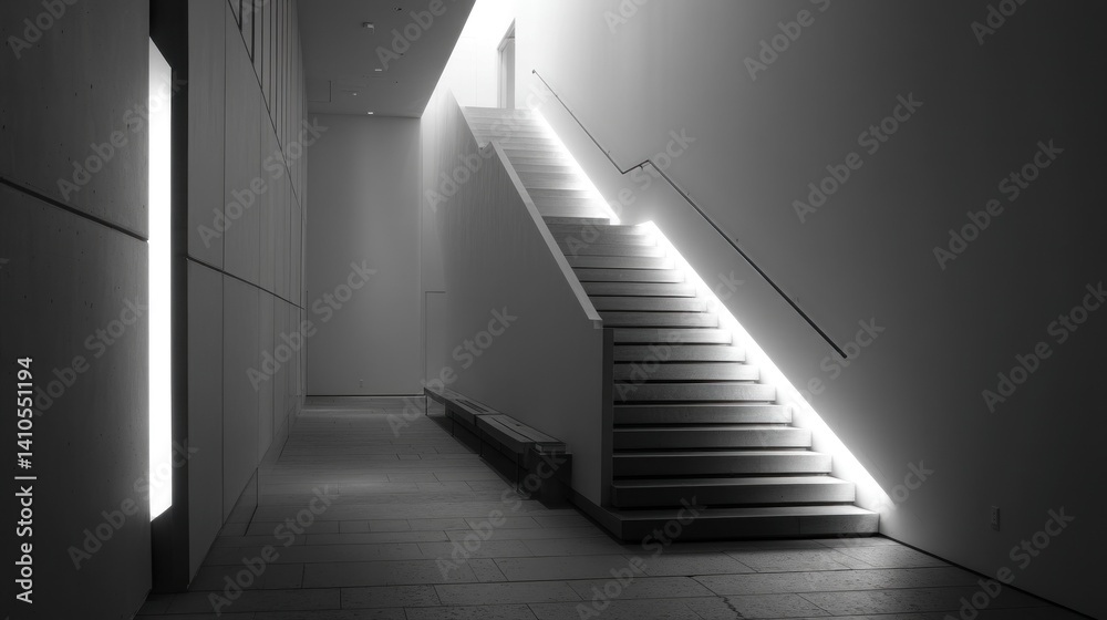 Fototapeta premium Minimalist stairwell with recessed handrail light 