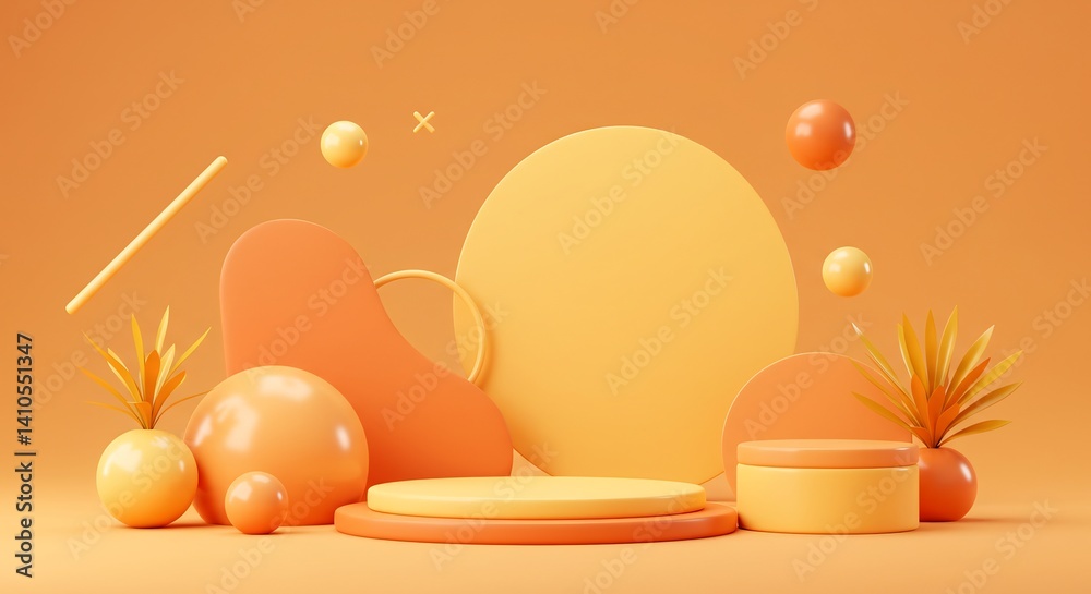 Fototapeta premium オレンジ色パステル調 優しい光で彩る 立体幾何学デザイン