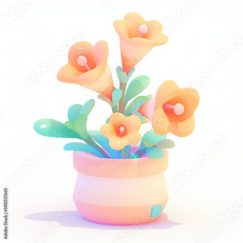 Colorful cartoon flowers in a decorative pot, white isolated background.