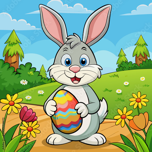 A cute Easter Bunny holding a colorful egg in a spring meadow, perfect for festive spring designs and Easter-themed projects.