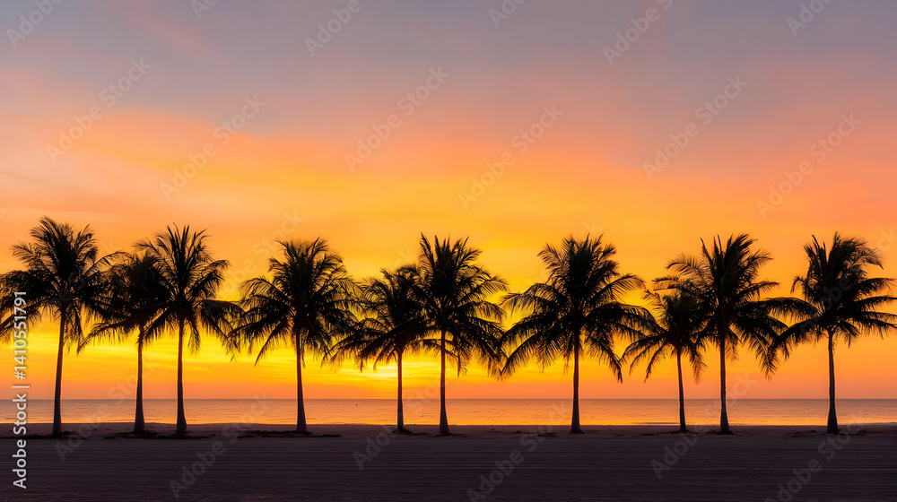 Obraz premium Silhouette Palm Trees Sunset Beach Scene