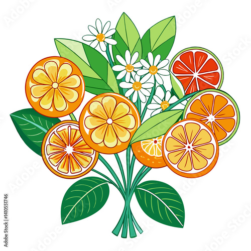  Vibrant Zesty Citrus Bouquet Flower Illustration