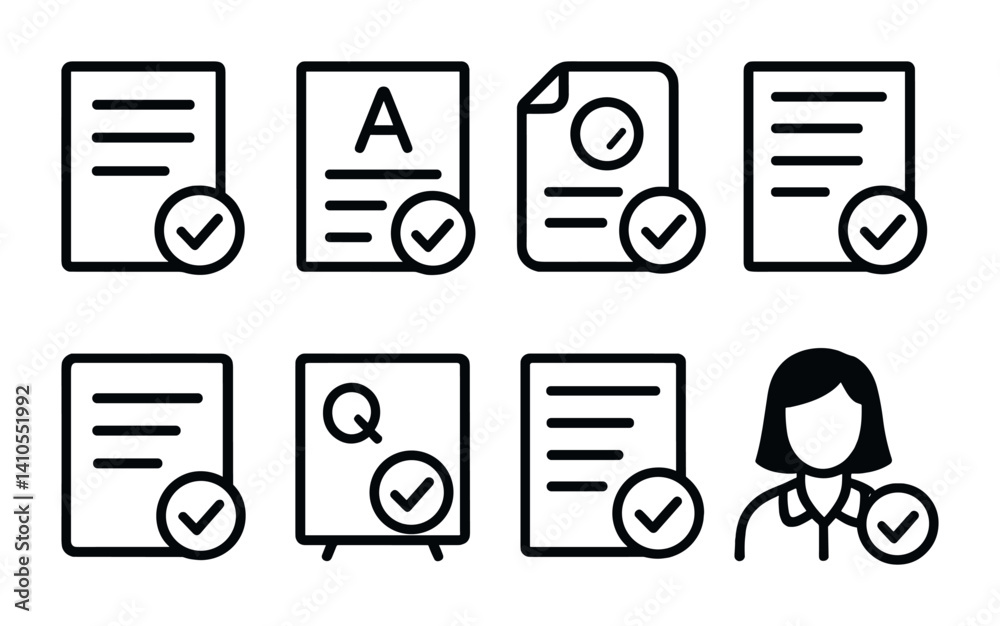 outline vector icons of classroom checks: homework check, test passed, grade icon, report card with tick, assignment done, quiz verified, school form check, teacher approval. set of line style icons
