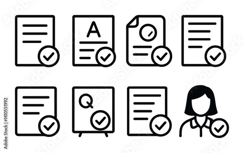 Obraz na płótnie outline vector icons of classroom checks: homework check, test passed, grade icon, report card with tick, assignment done, quiz verified, school form check, teacher approval. set of line style icons w salonie