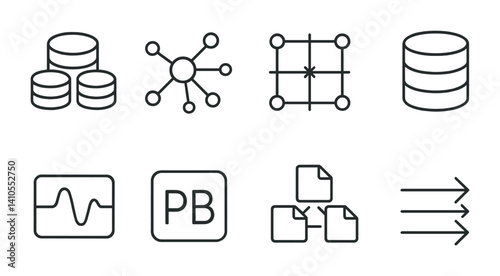 outline vector icons of big data: data cluster, node connection, network grid, storage volume, real-time stream, petabyte icon, distributed data, flow arrows., set of line style icons in a modern,