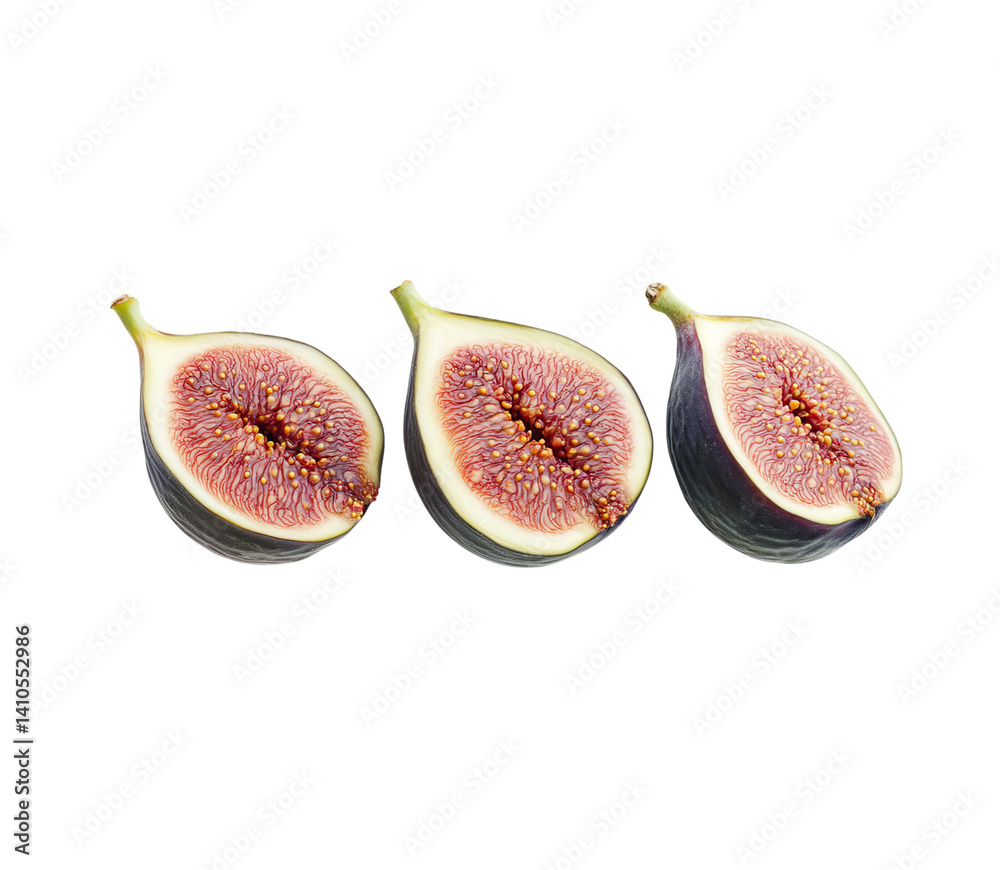 A whole fig and one fig cut in half, against on Transparent Background and PNG