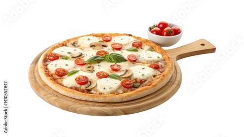 Delicious Pizza with Mozzarella and Cherry Tomatoes Isolated on Transparent Background


