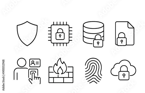 outline vector icons of data security: shield icon, data encryption, lock with database, secure file, access control, firewall, fingerprint icon, secure cloud. ine style icons in a modern, minimalist